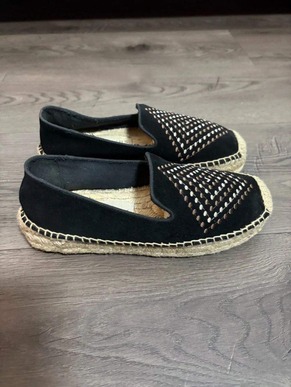 Jack Rogers Black Embroidered Luna Suede Espadrille Loafers Preppy Boho Vacation